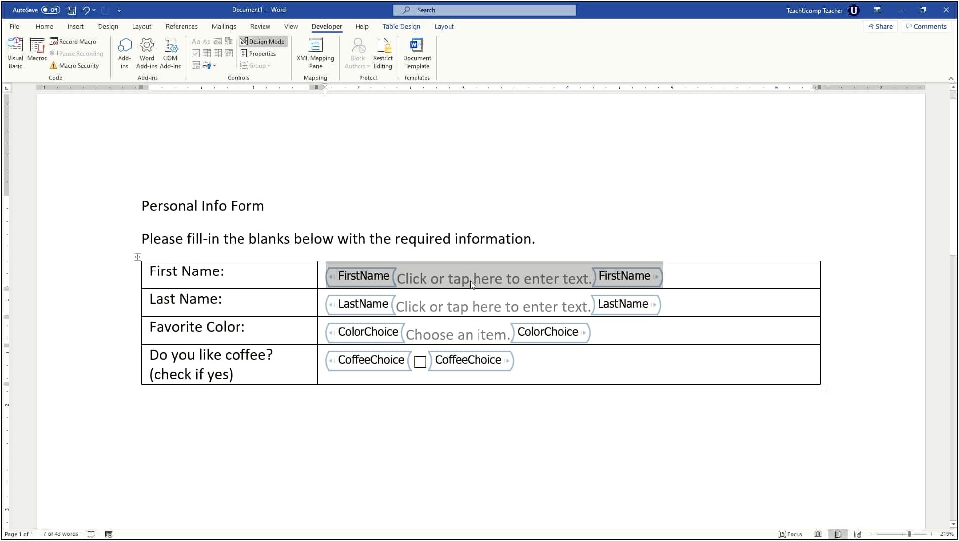 Creating A Form Template In Word 2013