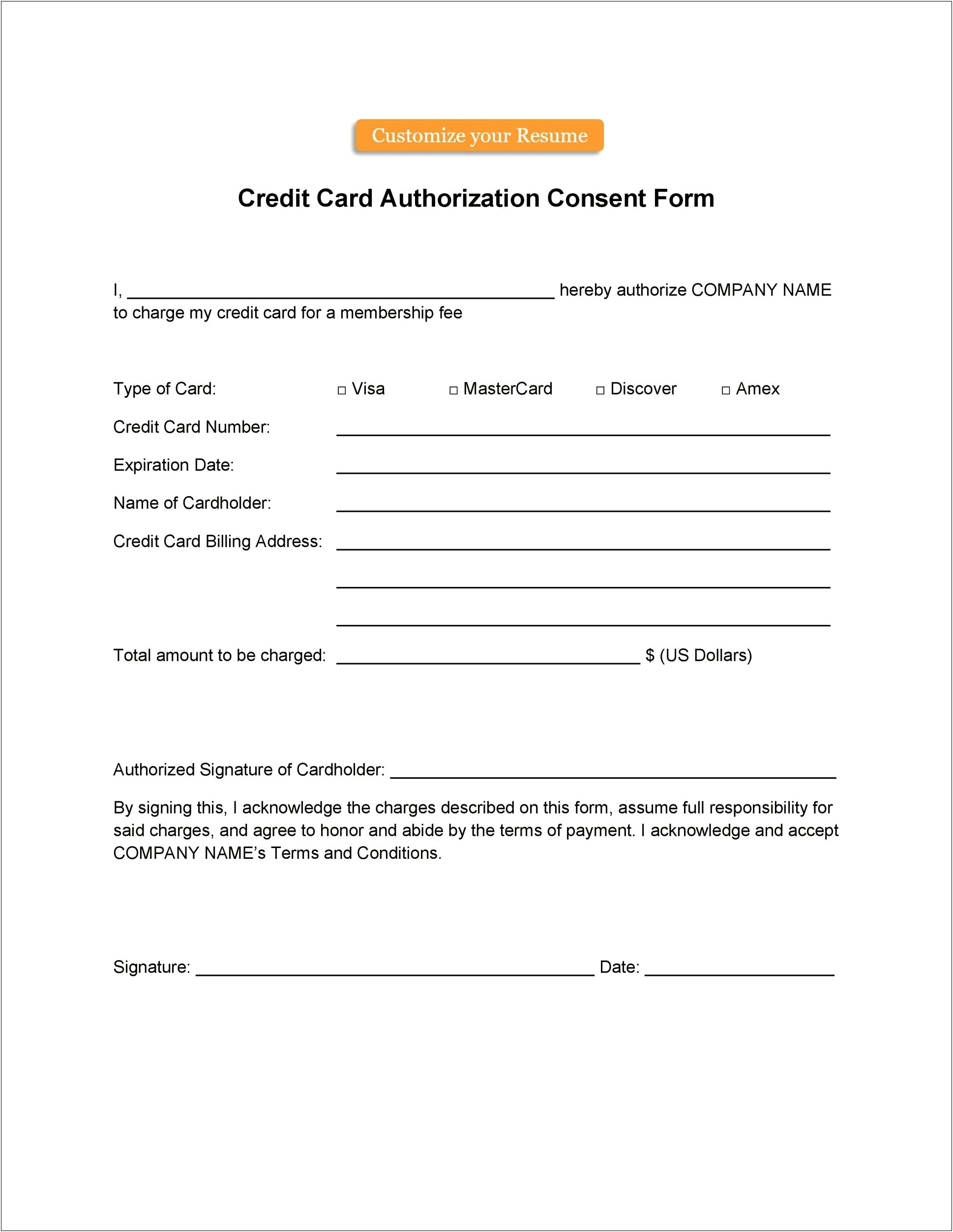 Credit Card Authorisation Form Template Word