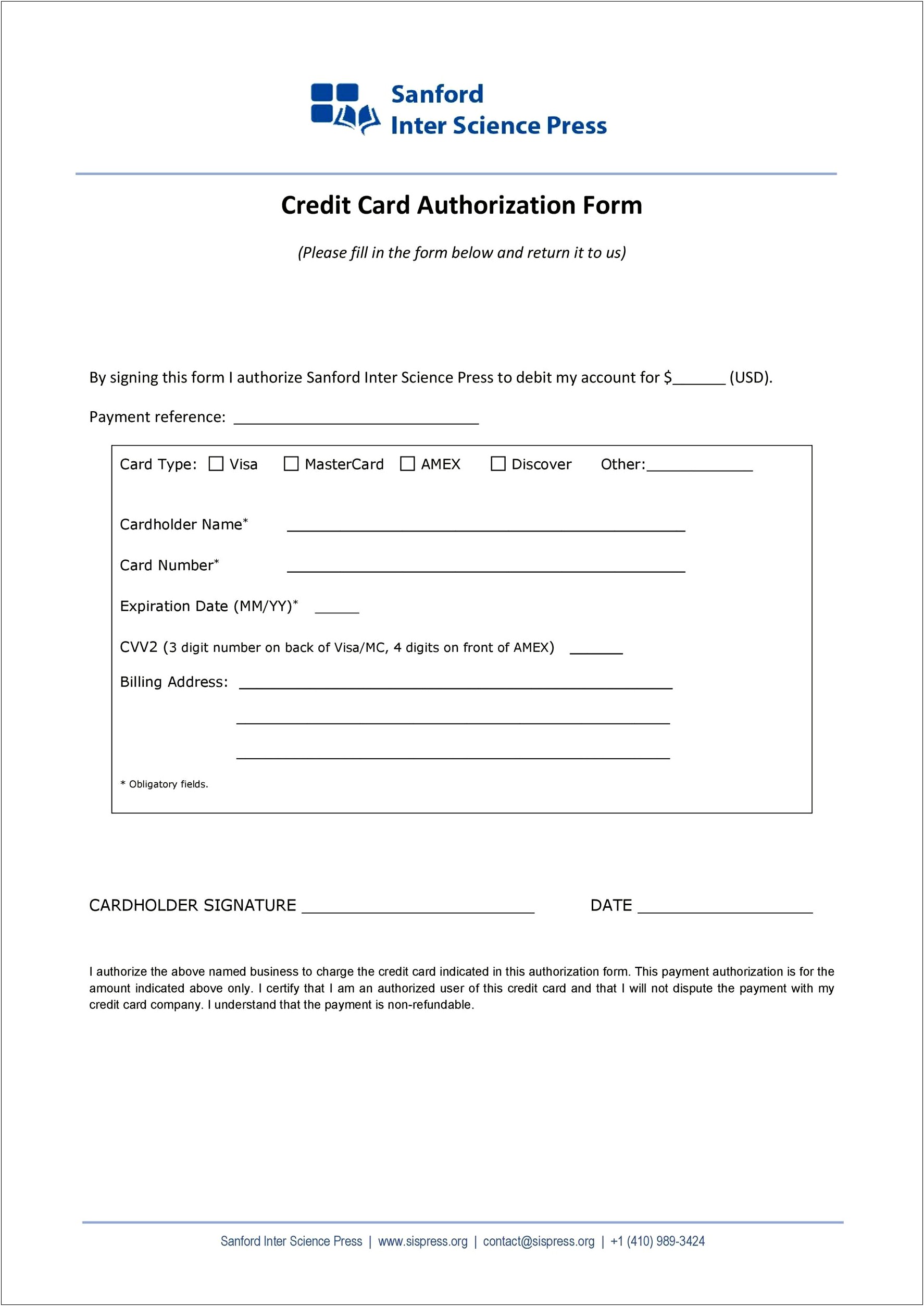 Credit Card Or Ach Authorization Form Template Word