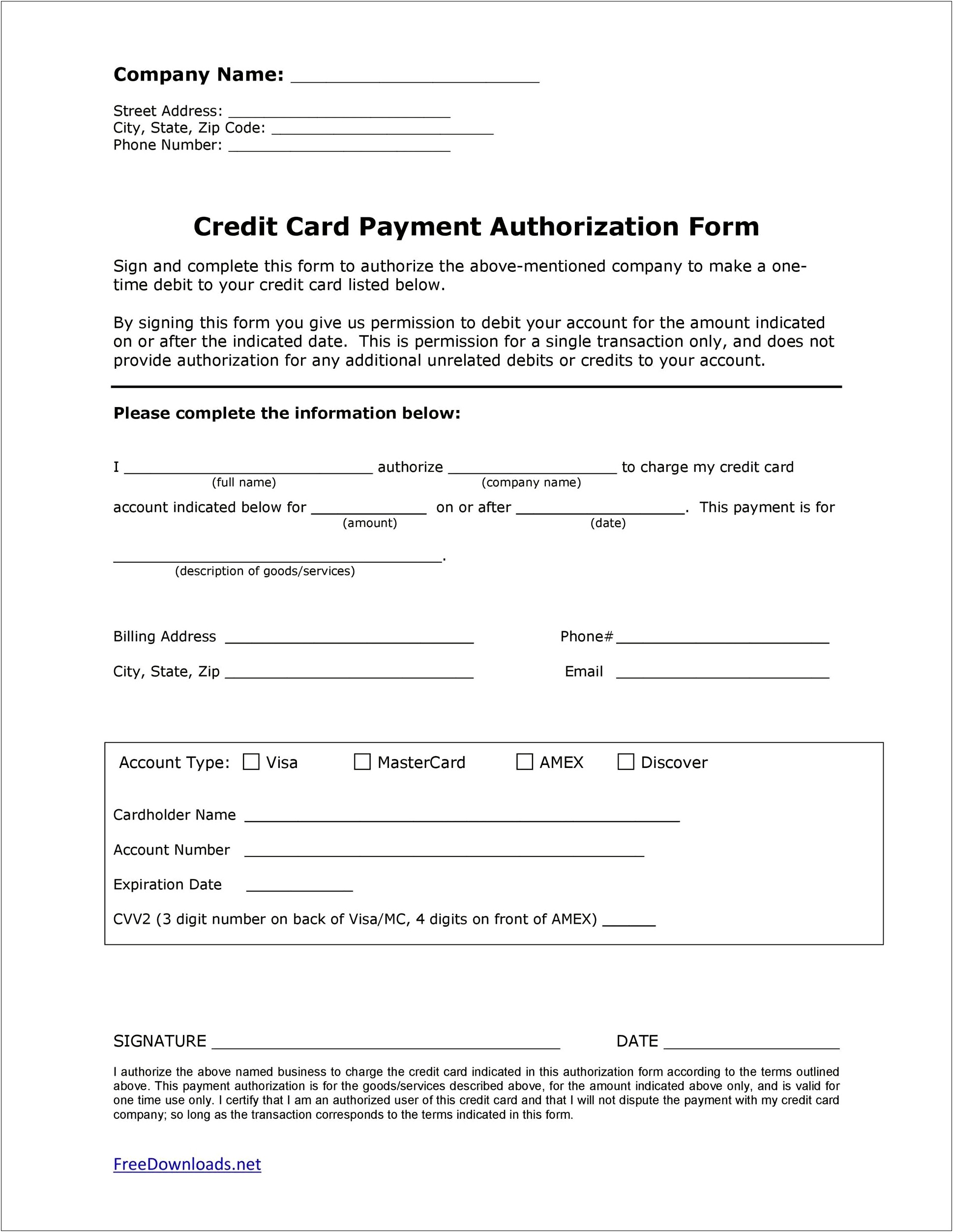 Credit Card Payment Form Template Word