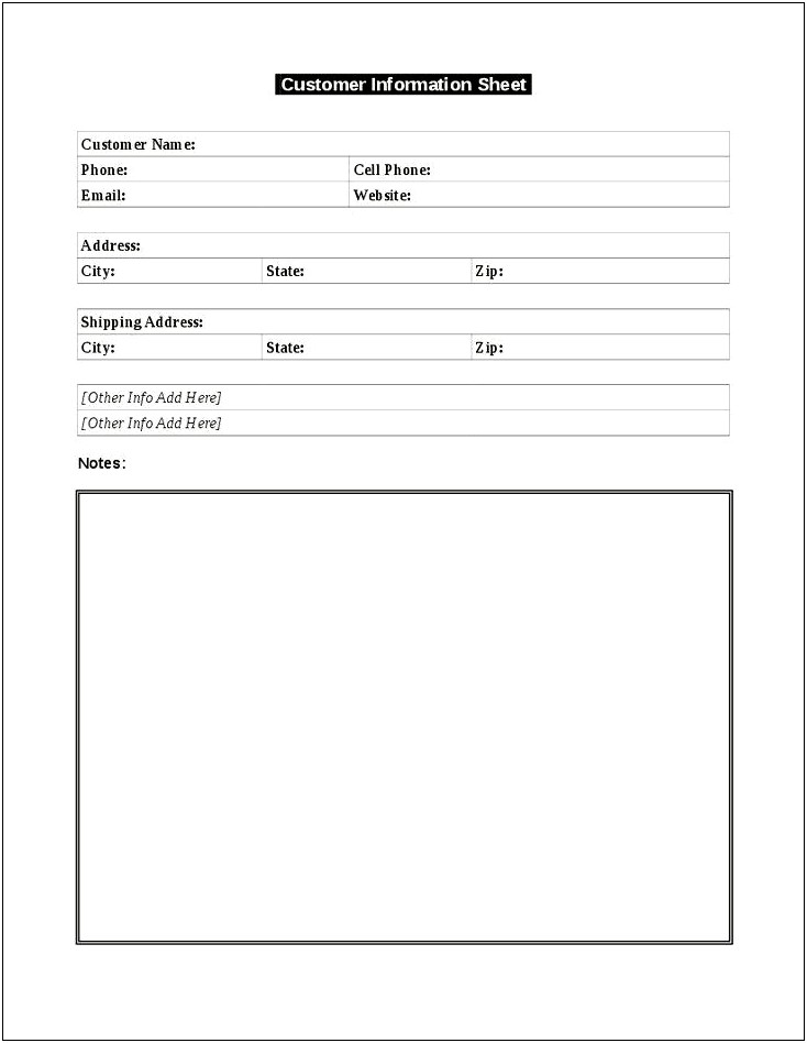 Customer Contact Information Sheet Template For Word Doc