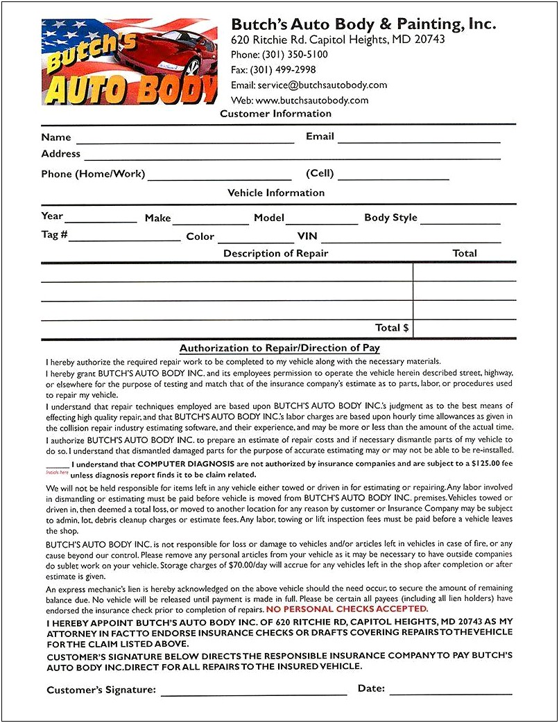 Customer Form Template Word For Auto Body Shop