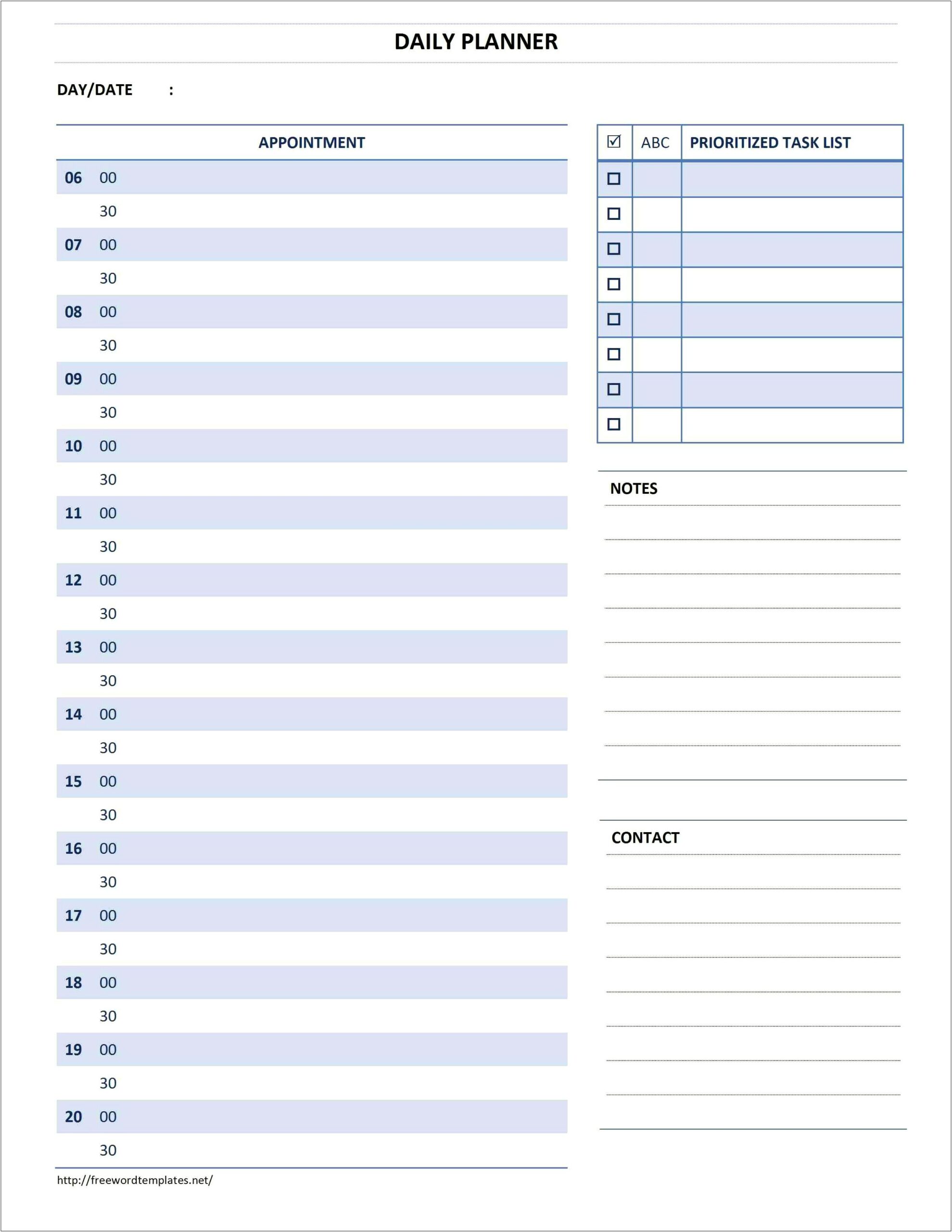 Daily Planner Blank Template For Word