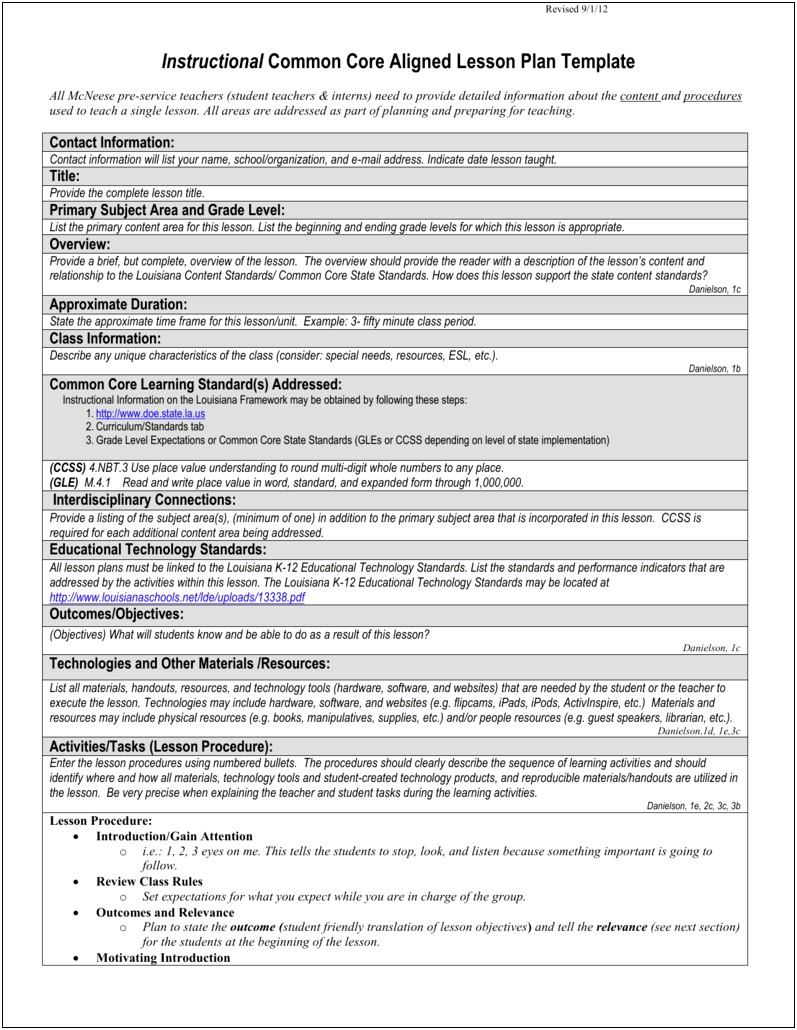 Danielson Lesson Plan Template Word Document