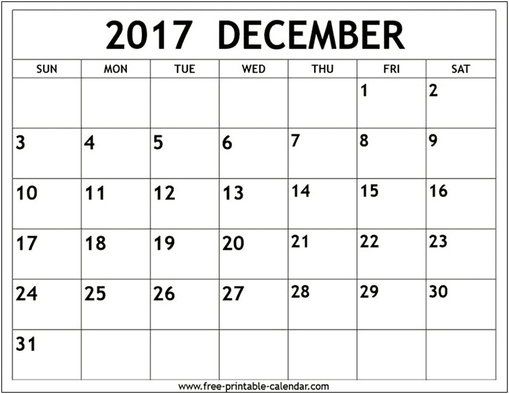 December Calendar For 2017 Word Template