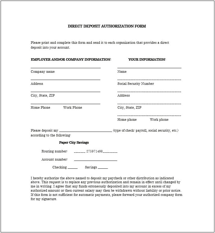 Direct Deposit Advice Form Template Word