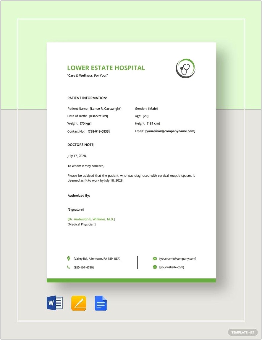 Doctor Note Release To Work Template For Word
