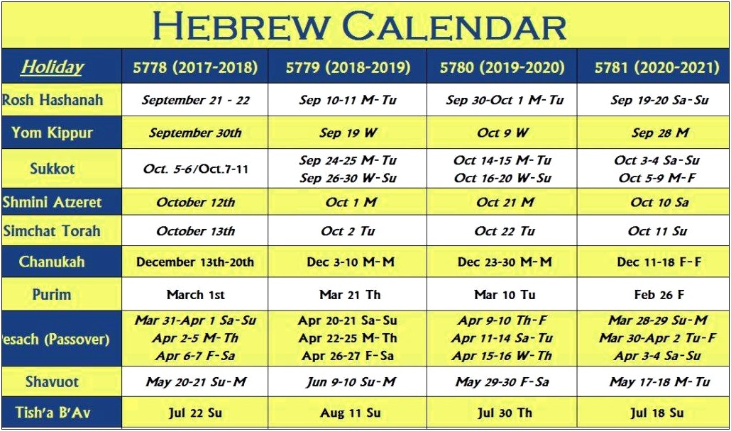 Download Hebrew Calendar Template In Excel