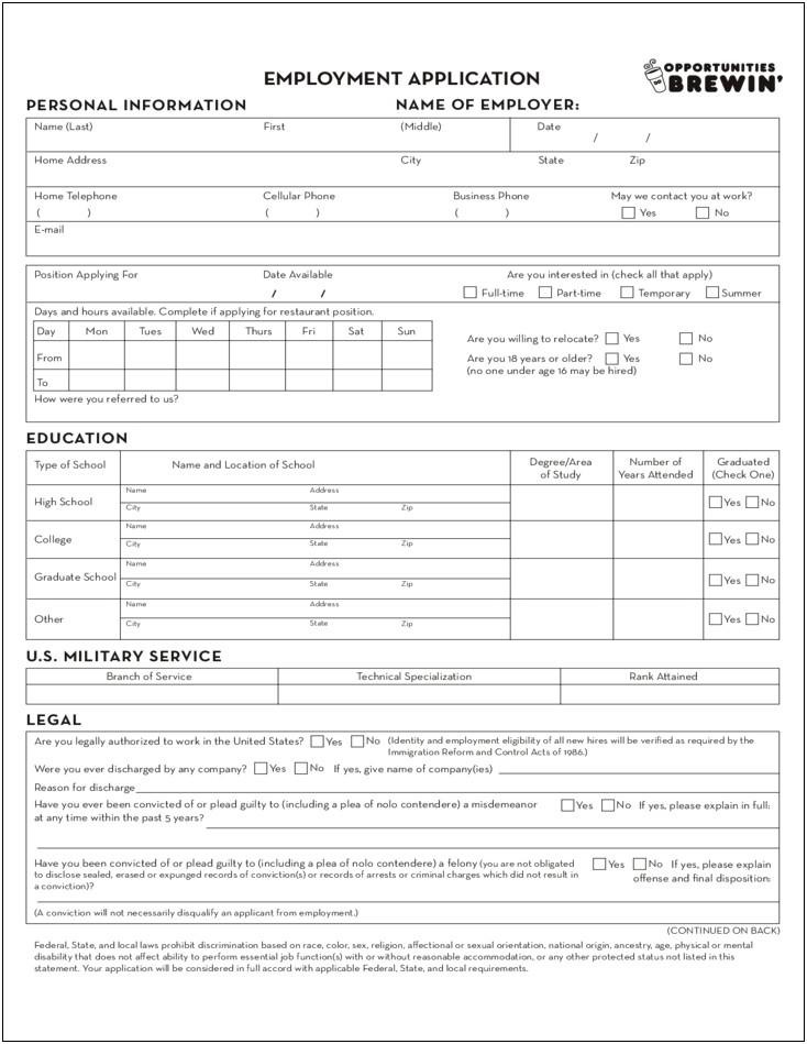 Dunkin Donuts Employment Application Template Word