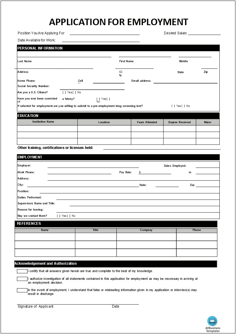 Easy Application For Employment Template Word