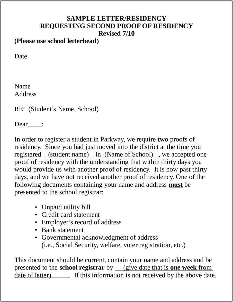 Elementary School Enrollment Verification Letter Word Template