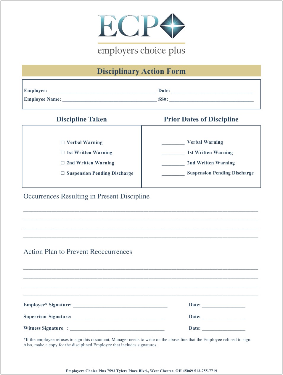 Employee Disciplinary Action Form Word Template