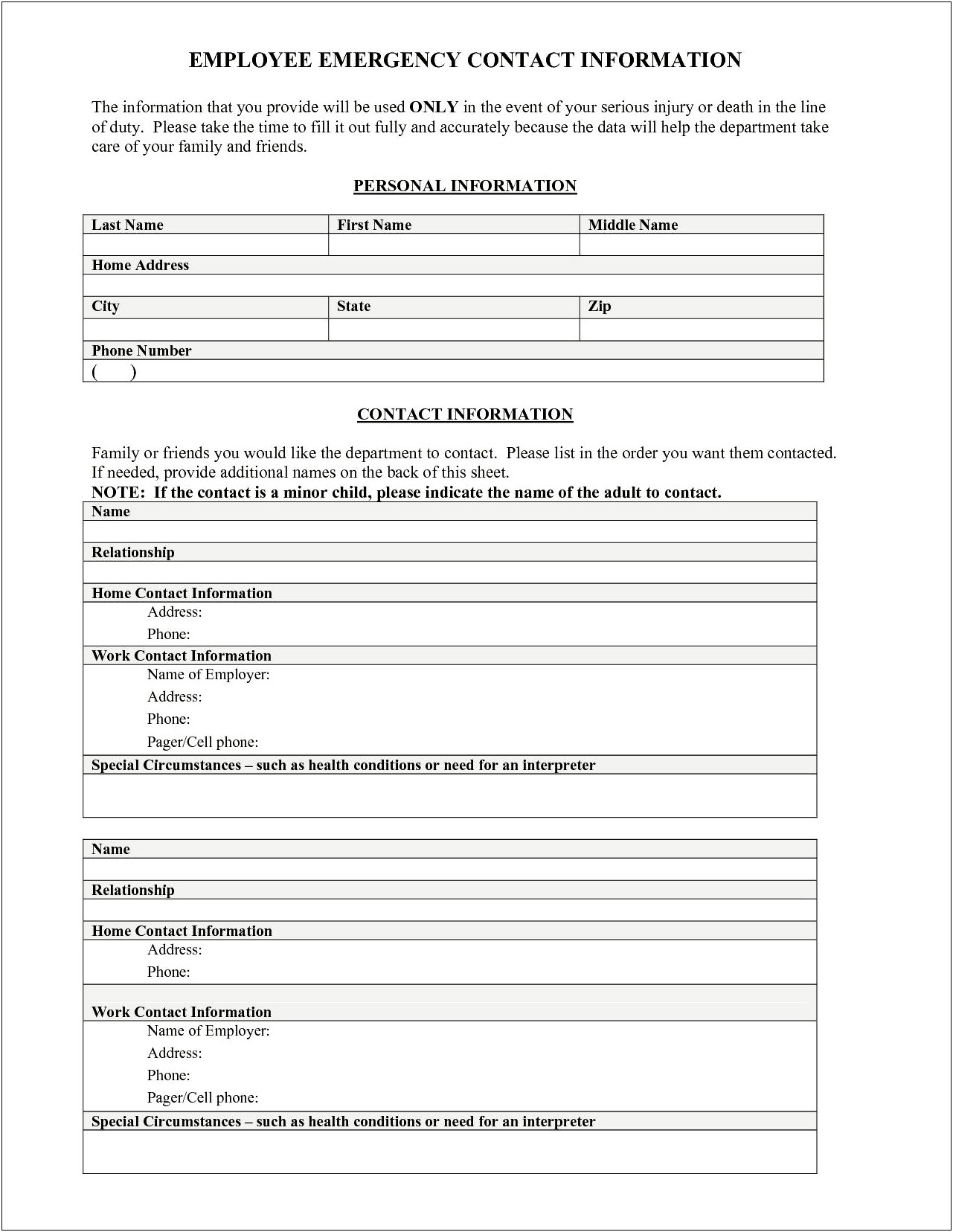 Employee Emergency Contact Form Word Template