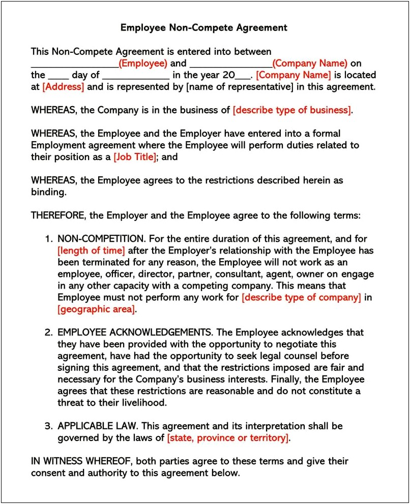 Employee Non Compete Agreement Word Template