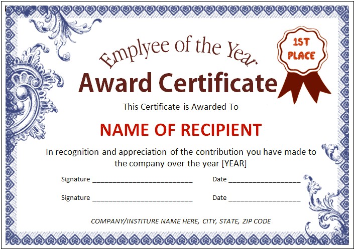 Employee Of The Year Certificate Word Template