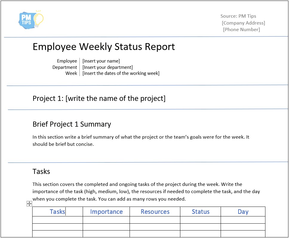 Employee Weekly Status Report Template Word