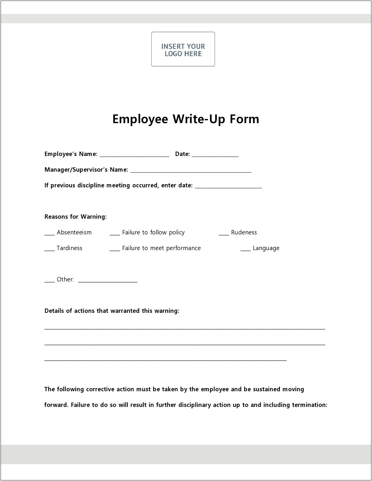 Employee Write Up Form Template Word