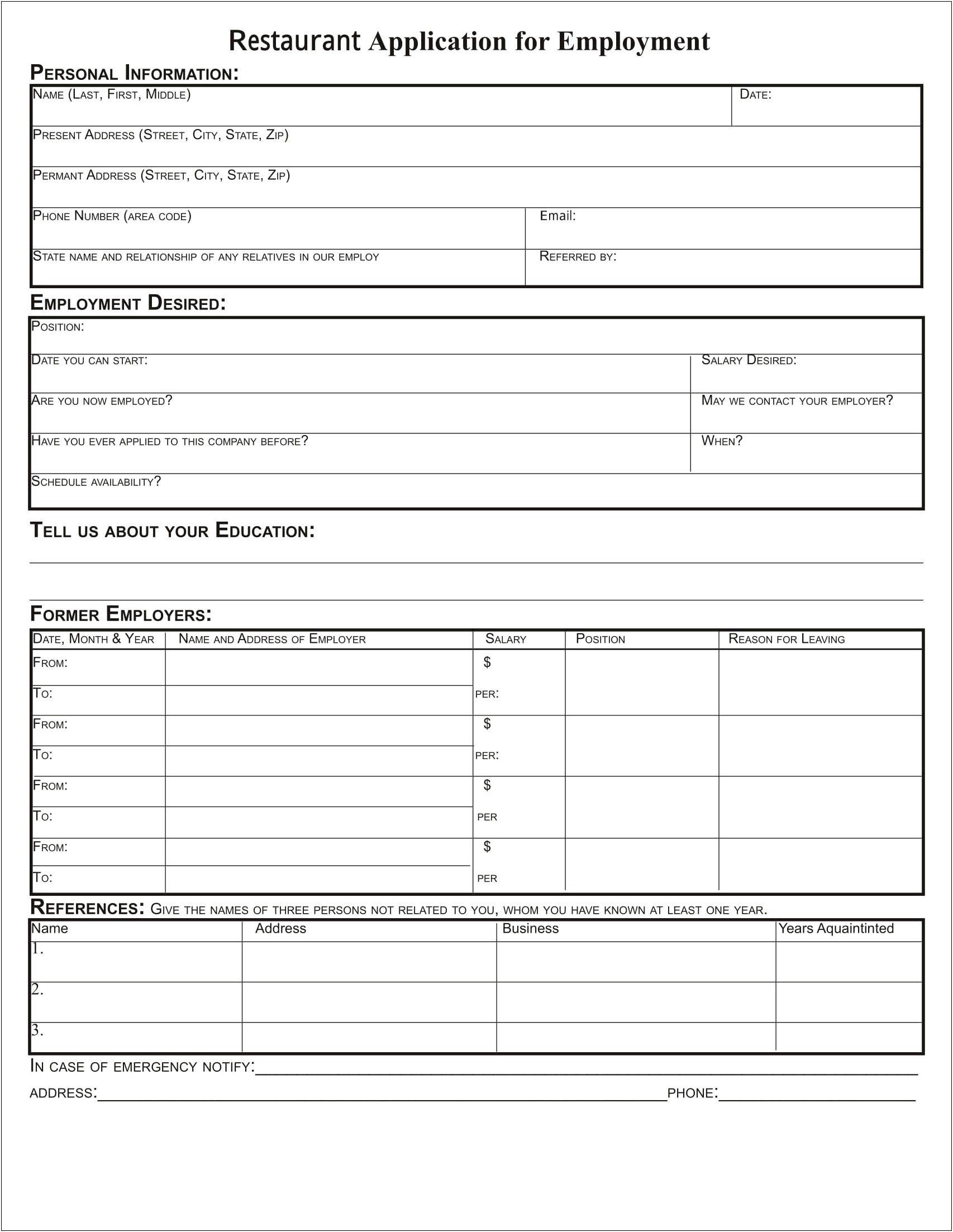 Employment Application Form Template Word Document