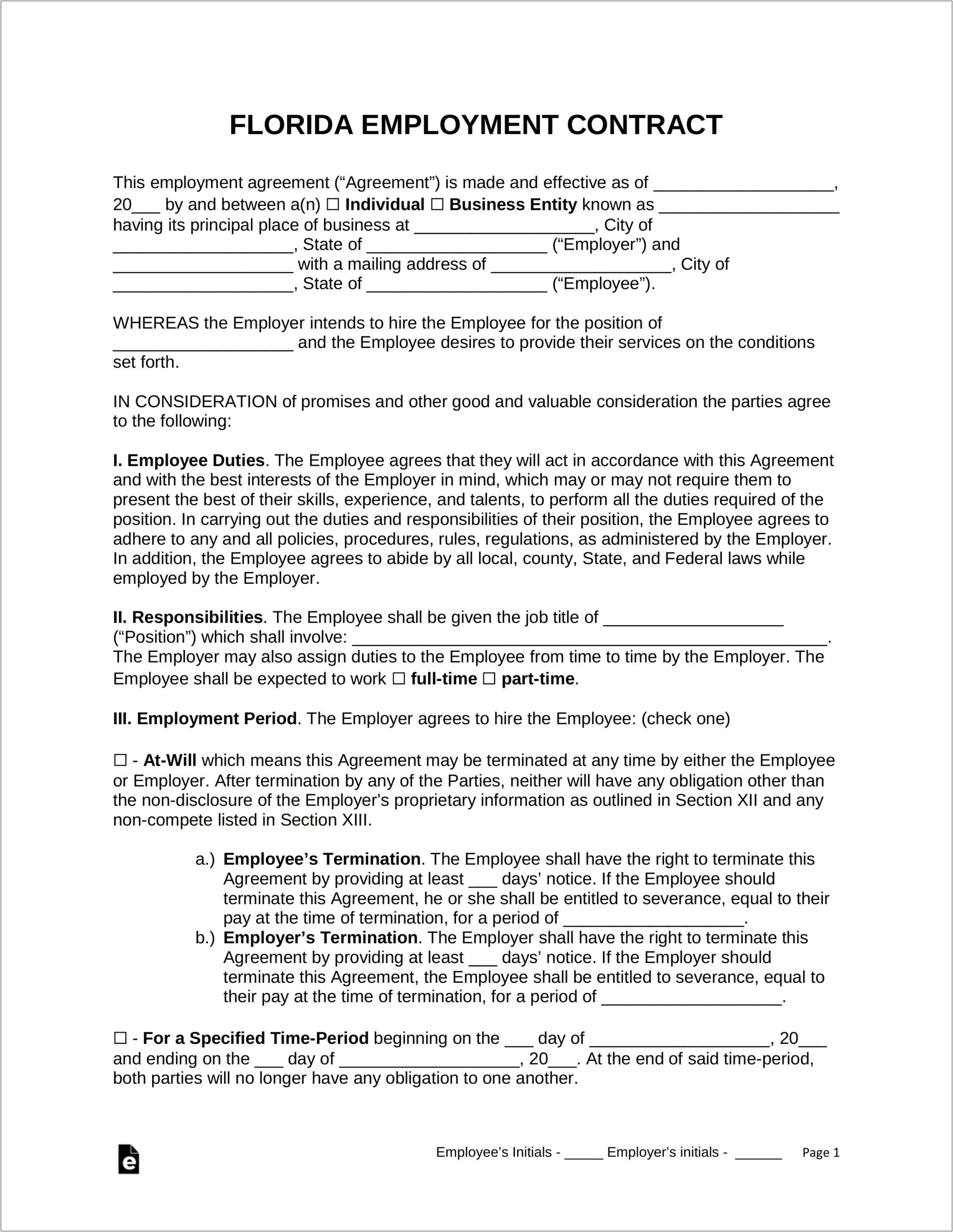 Employment Contract Template Word For Florida