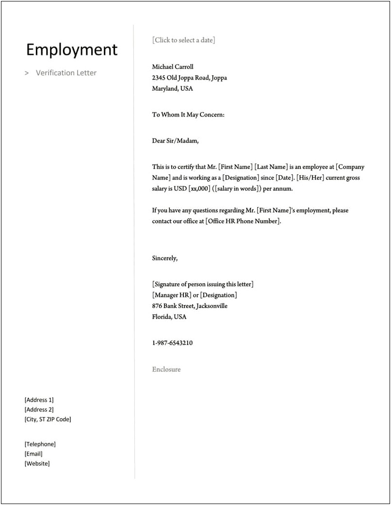 Employment Verification Letter Template Word Canada