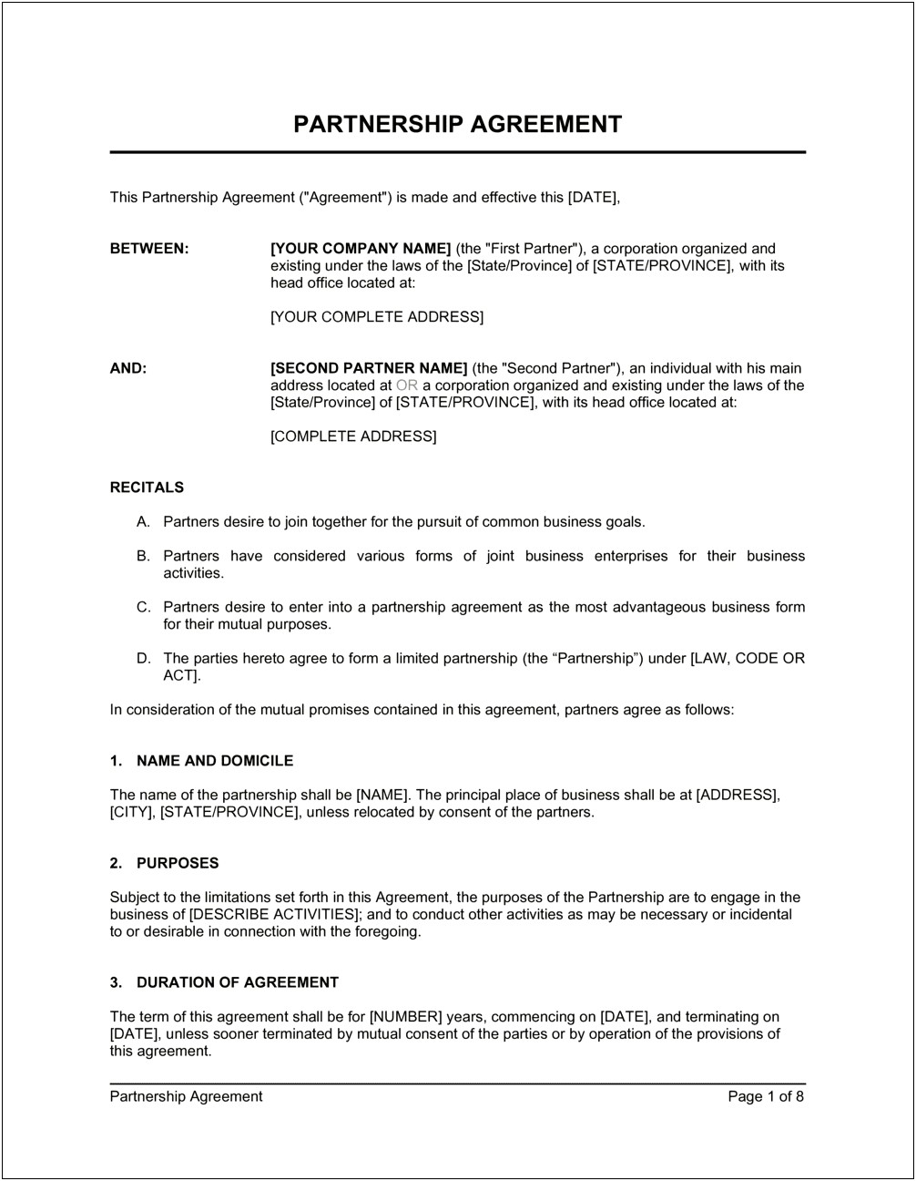 Equity Partner Agreement Template One Pager Word Template