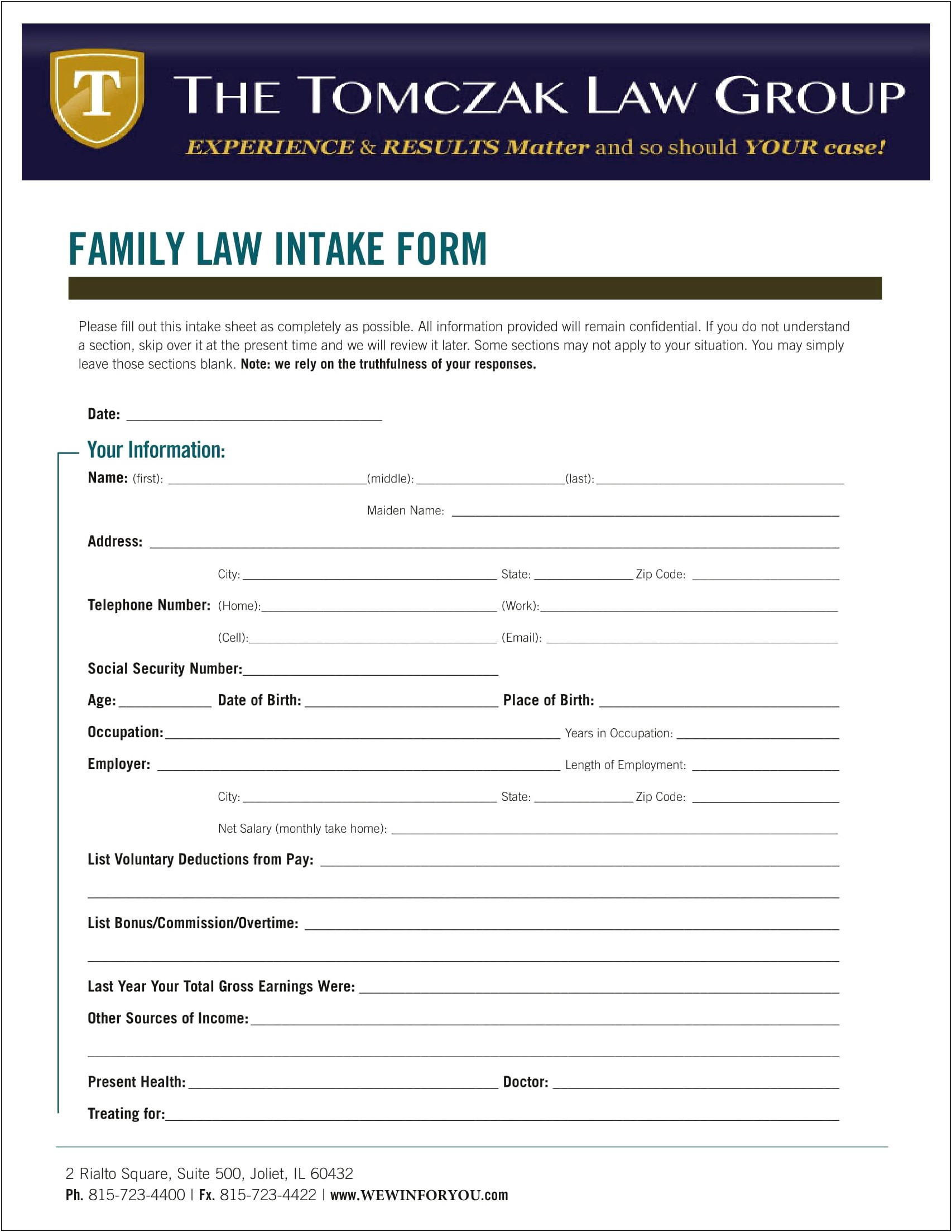 Family Law Client Intake Form Template Download