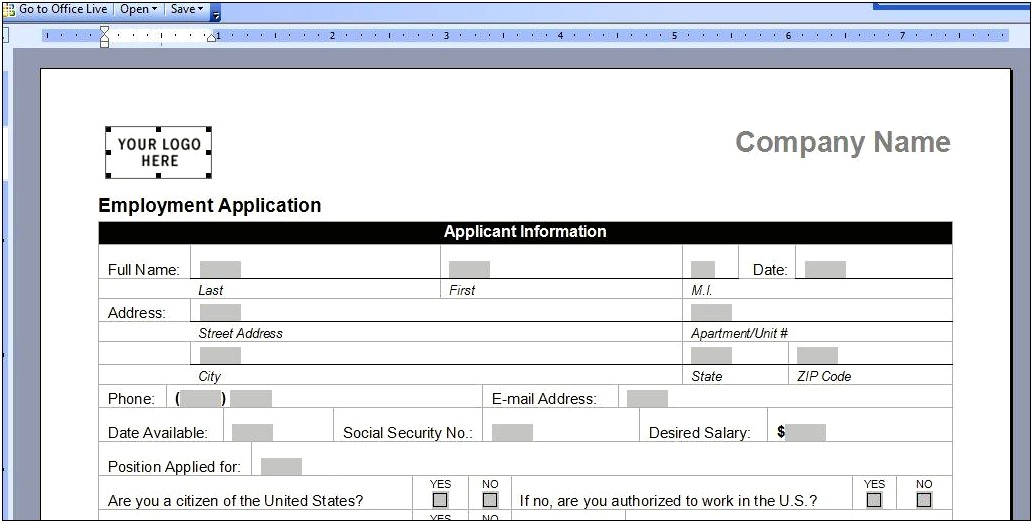Fillable Form In Word 2007 Template