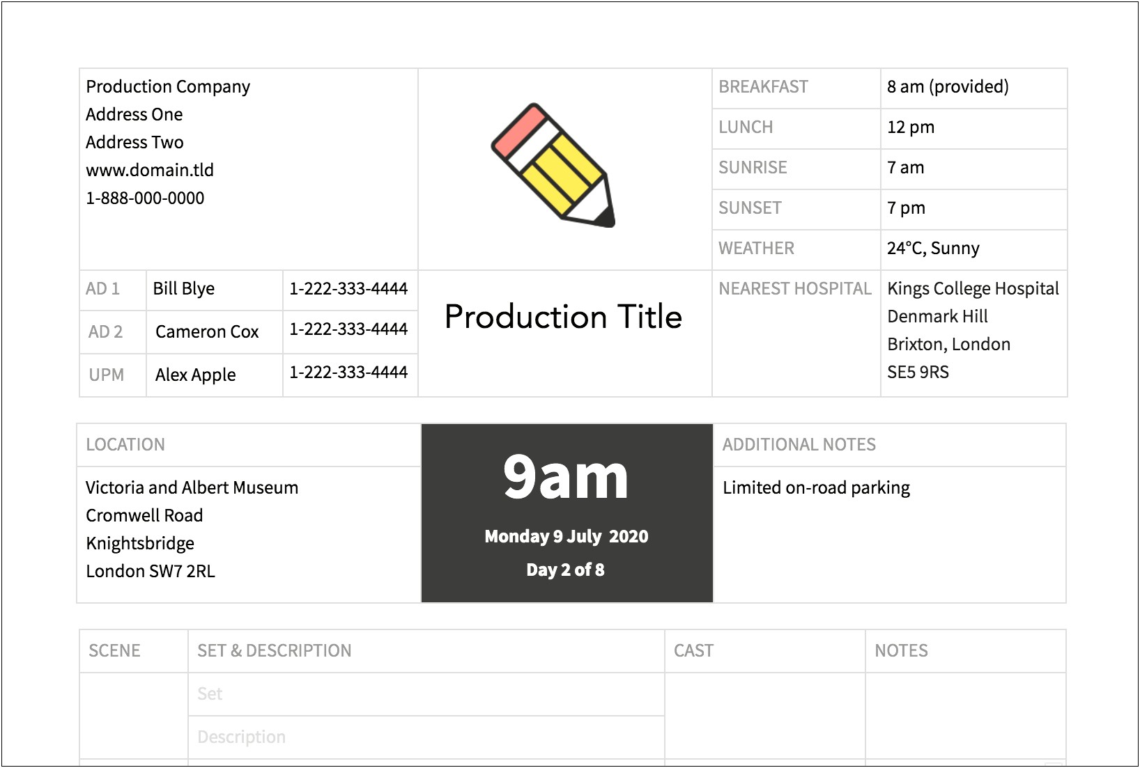 Film Call Sheet Template Excel Download