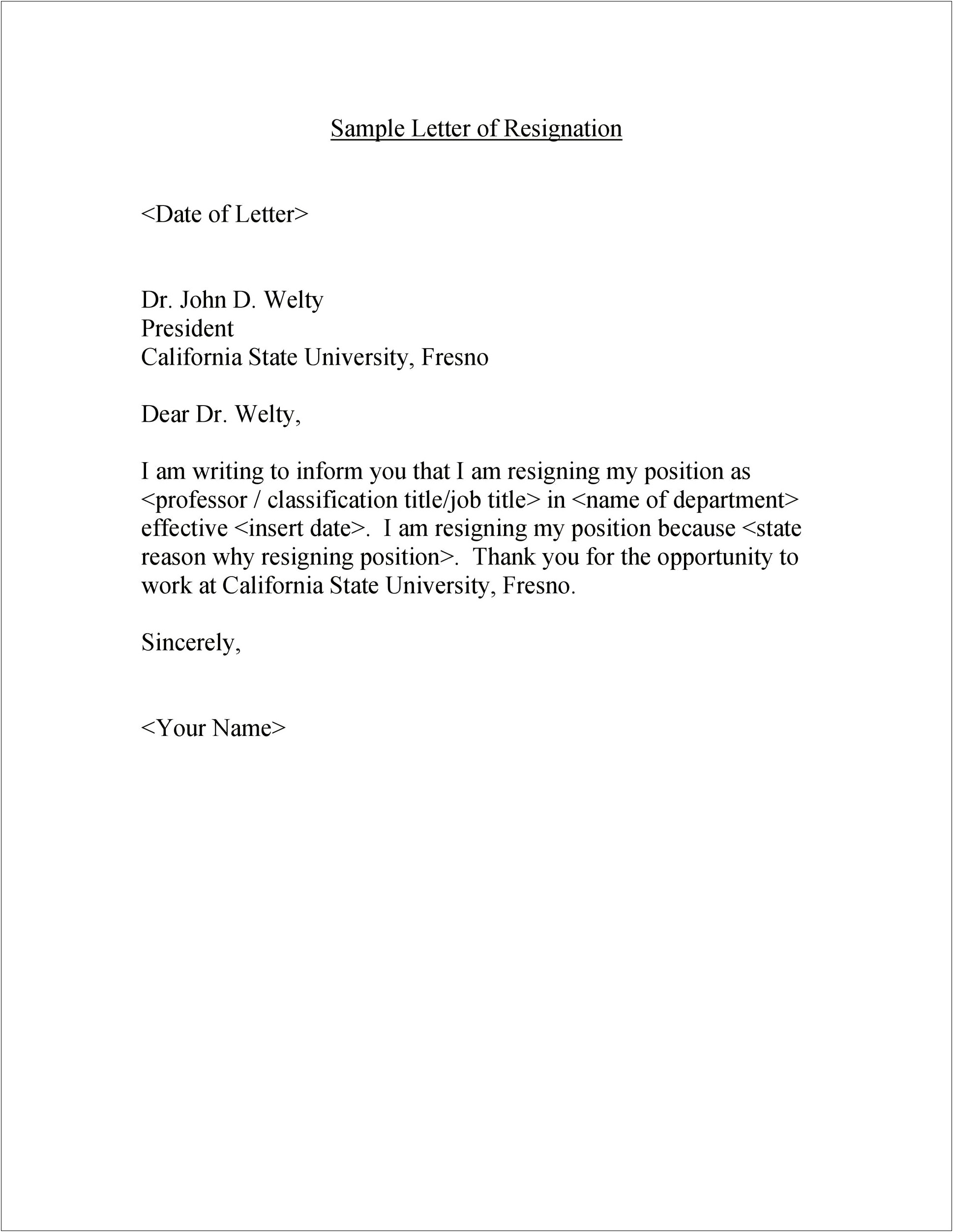 Formal Resignation Letter Template Word Doc