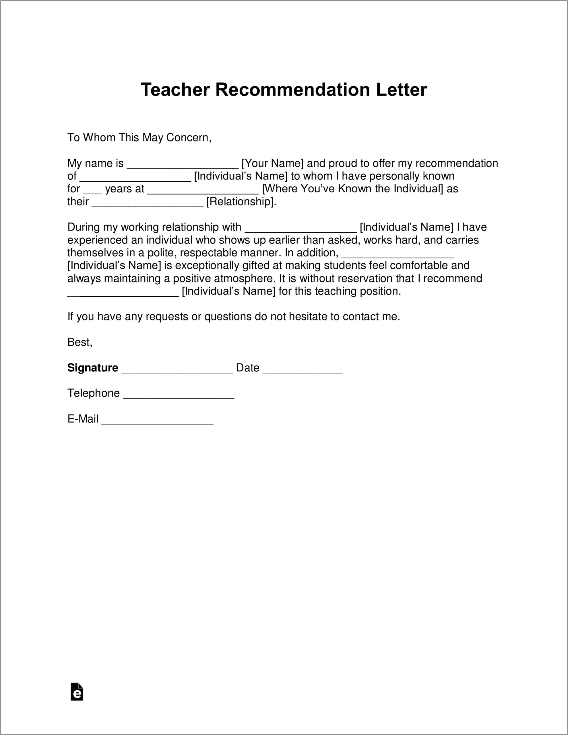 Free Reference Letter Template Word Simple
