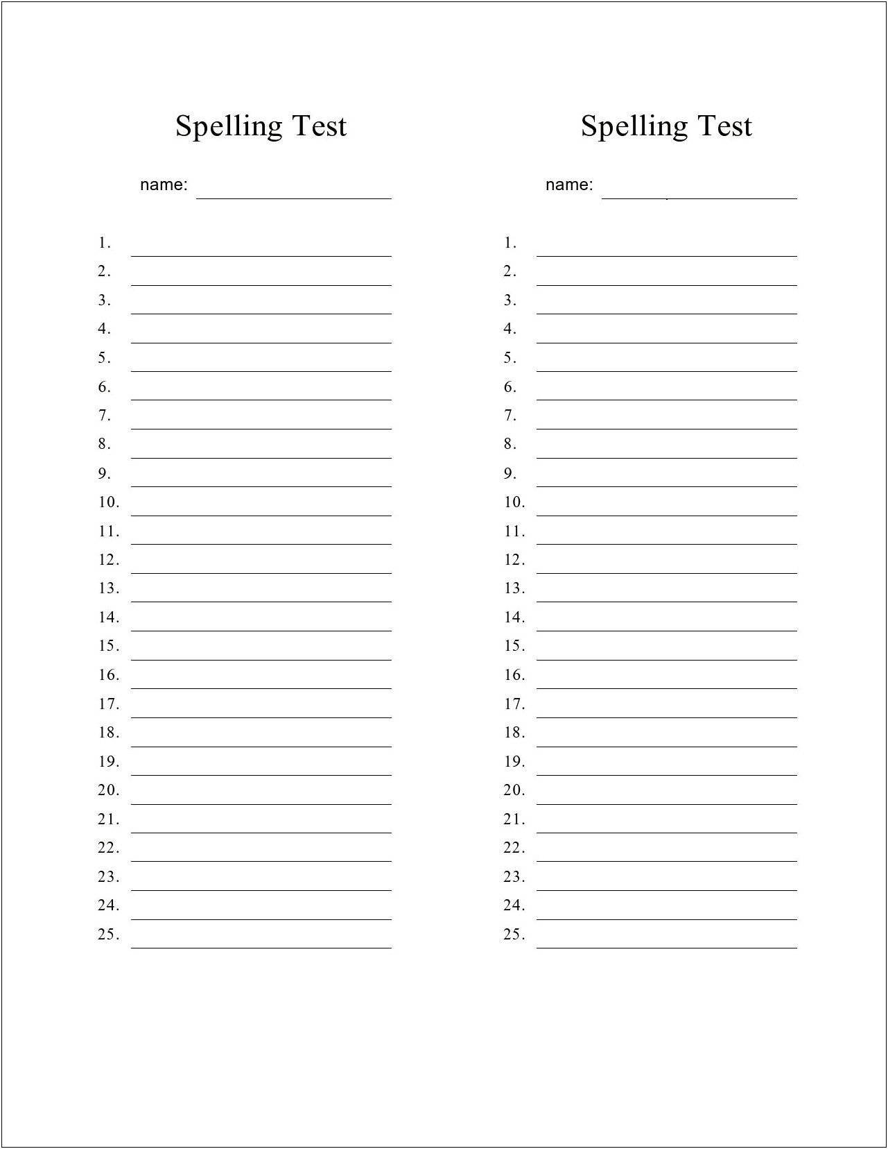 Free Spelling Test Template 12 Words