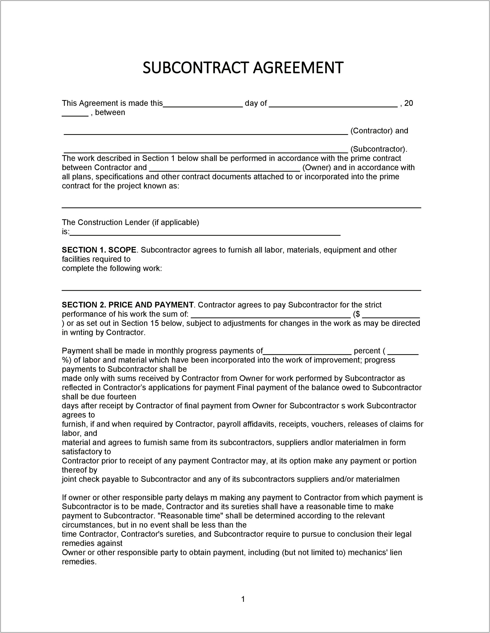 Free Subcontractor Pay Agreement Template Word