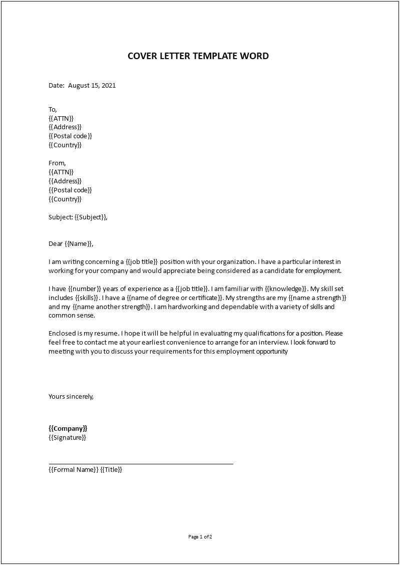Free Word Template Of Cover Letter