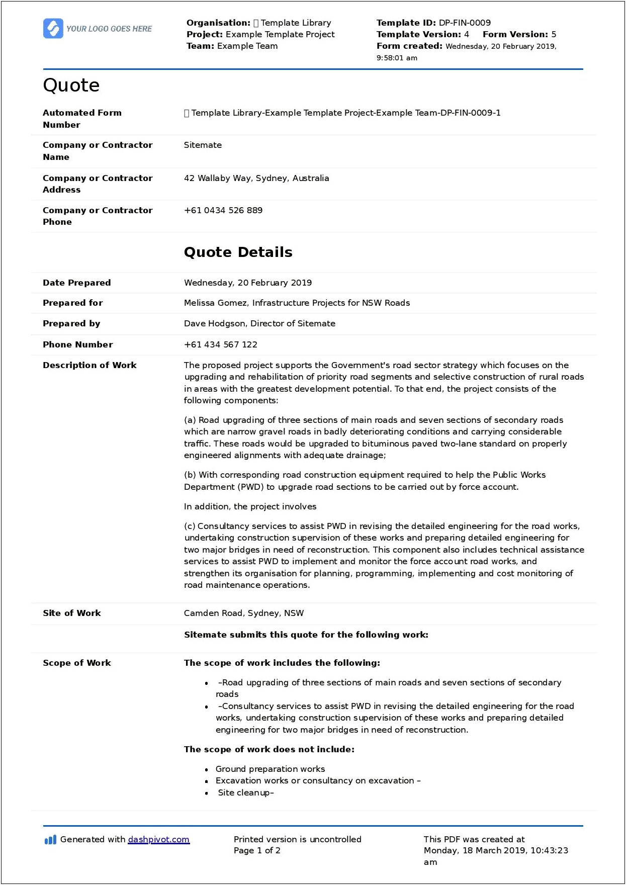 General Contractor Quote Word Document Template