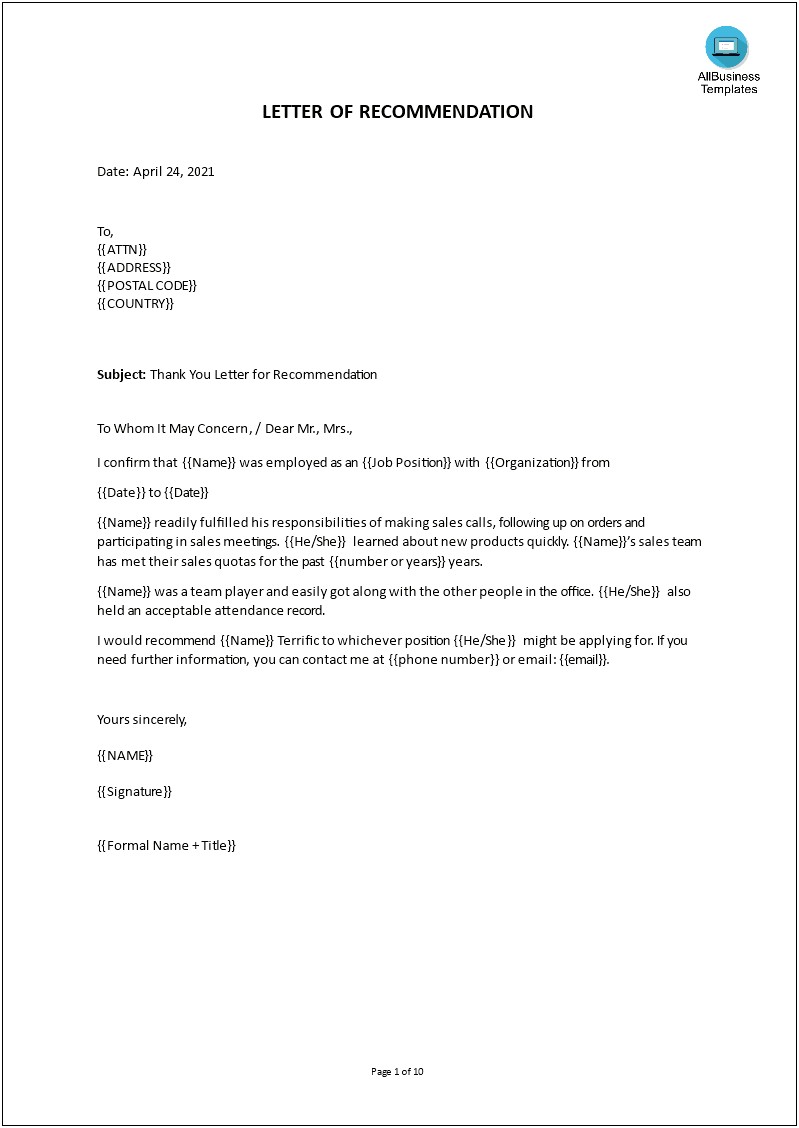 General Letter Of Recommendation Template Word