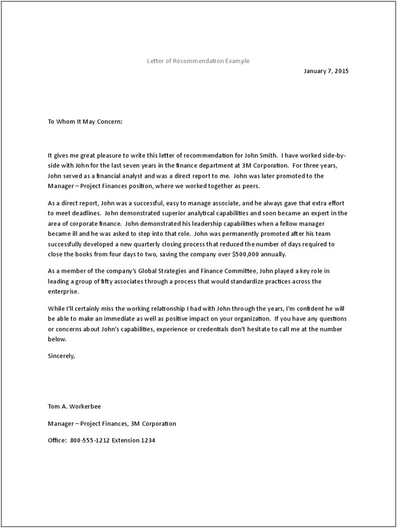 Generic Letter Of Recommendation Template Word