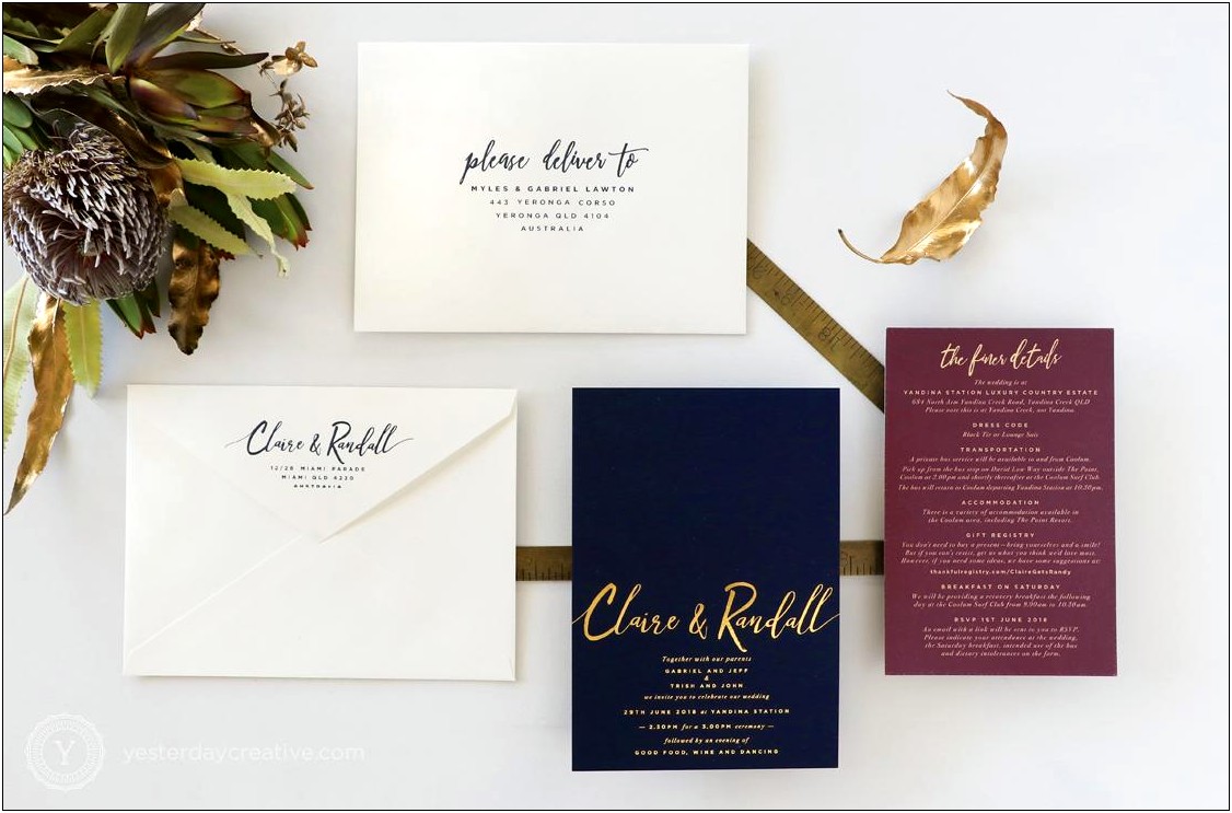 Gold Foil Pressed Wedding Invitations Navy Red Gold