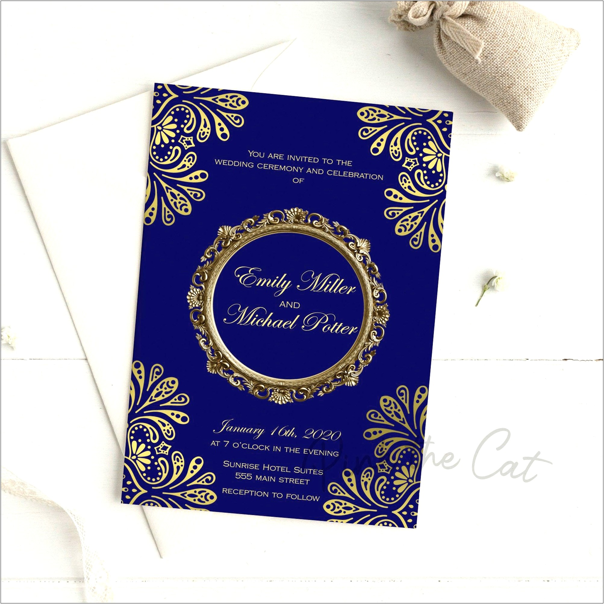 Gold Purple And Royal Blue Wedding Invitation