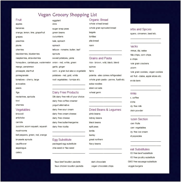 Grocery List Vegetarian Template Word Fillable