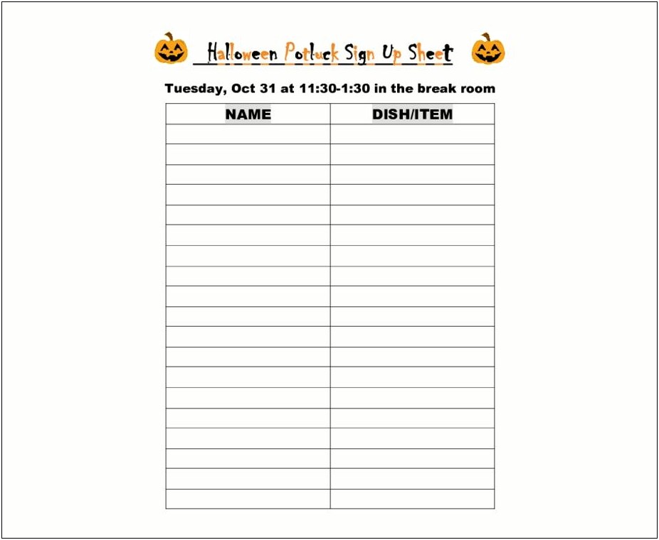 Halloween Potluck Signup Sheet Template Word