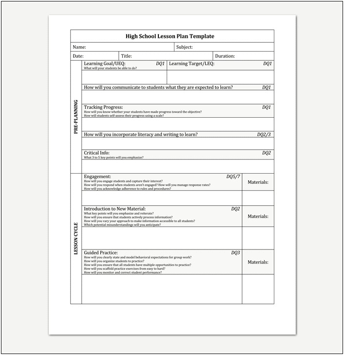 High School Weekly Lesson Plan Template Word