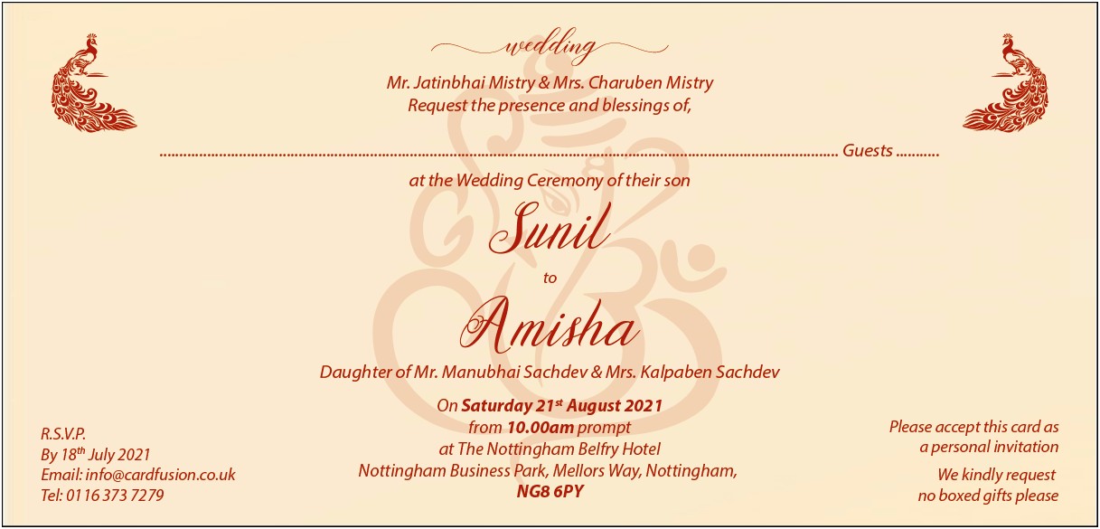 Hindu Indian Groom Wedding Invitation Wording