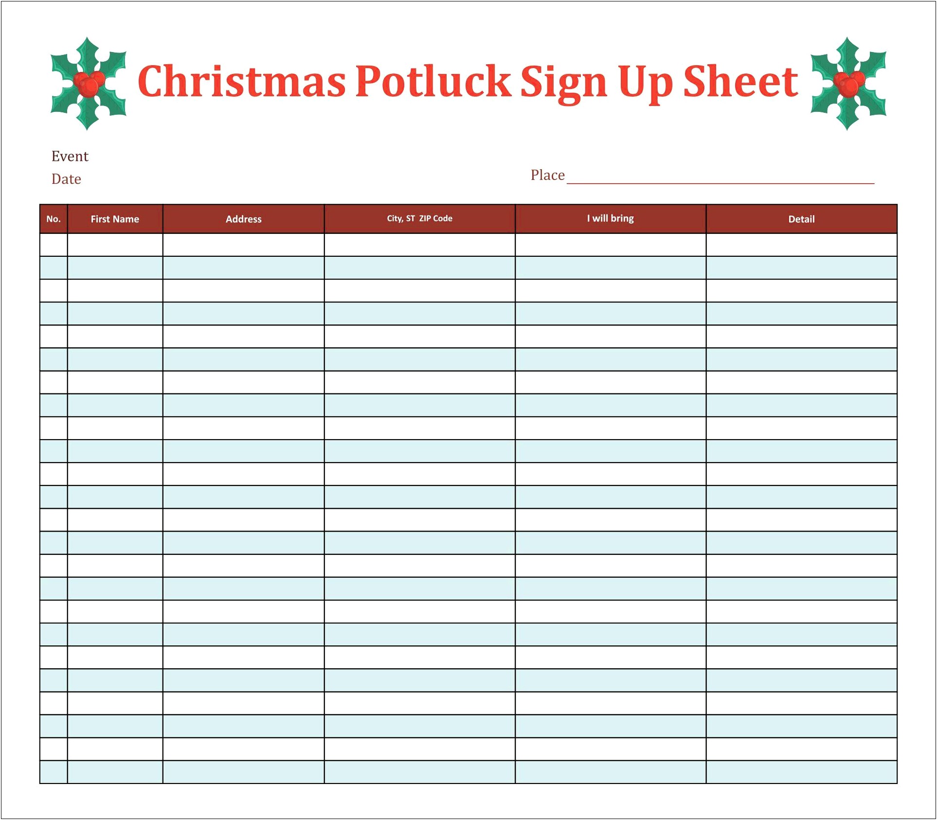 Holiday Party Sign Up Sheet Template Word