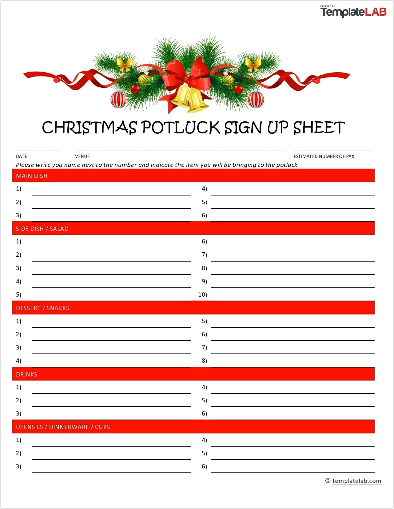 Holiday Party Sign Up Sheet Word Template