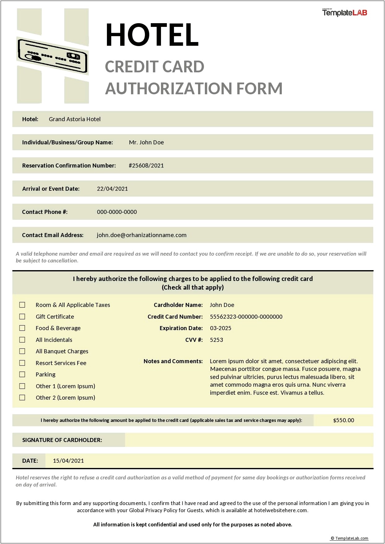 Hotel Credit Card Authorization Form Template Word