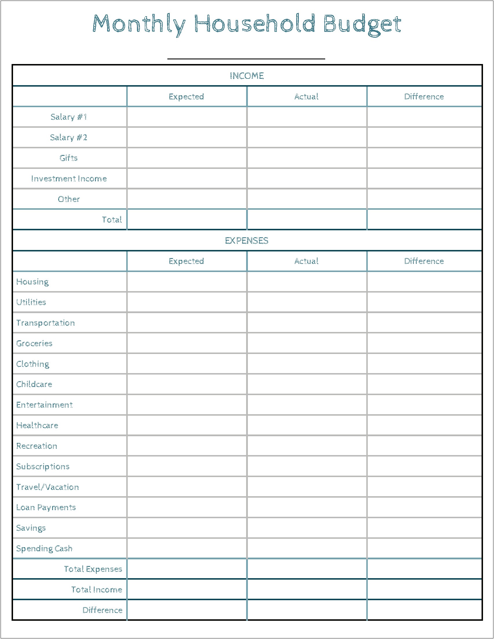 Household Monthly Budget Template Free Download