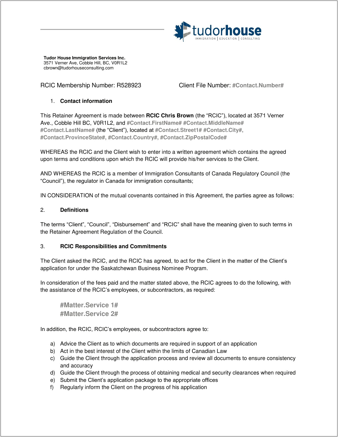 Immigration Consultant Client Agreement Template Word