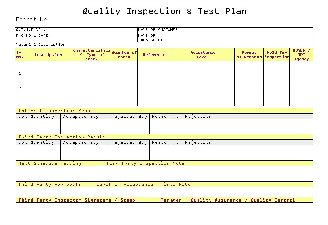 Inspection And Test Plan Template Word