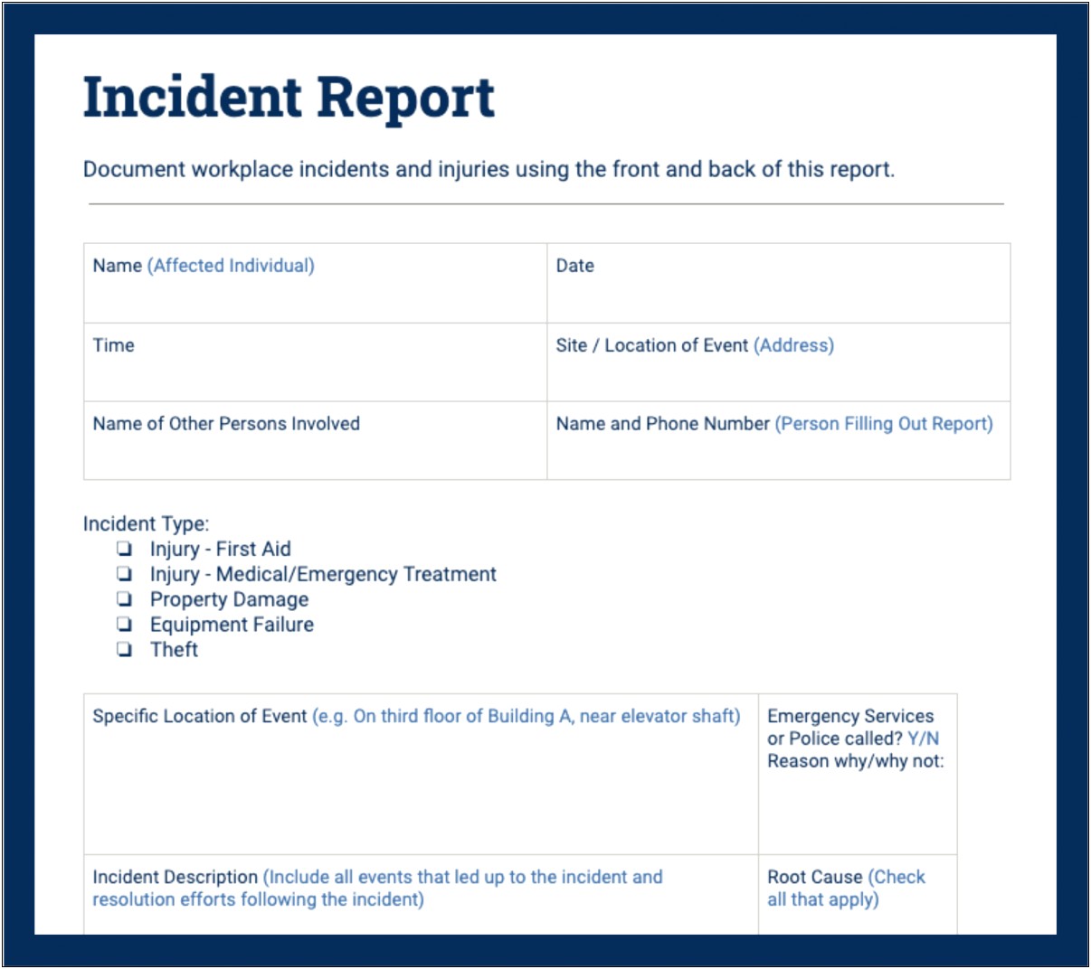 Internal Vehicle Equipment Incident Report Word Template