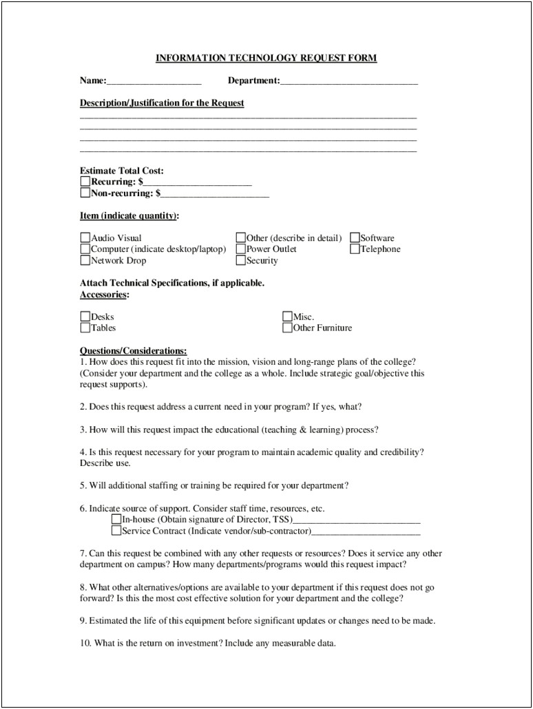 It Equipment Request Form Template Word